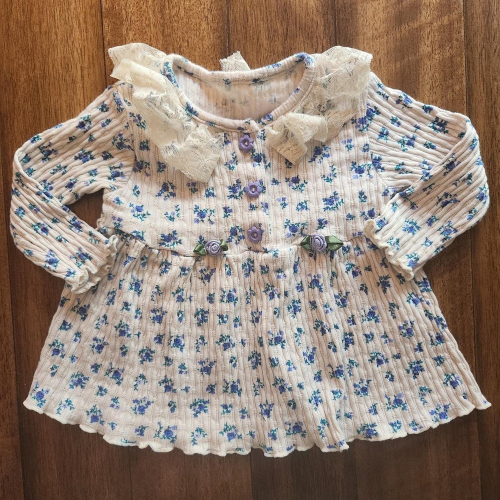 Vintage Girls Floral‎ Print Cardigan Button Up Lace Collar Long Sleeve Top